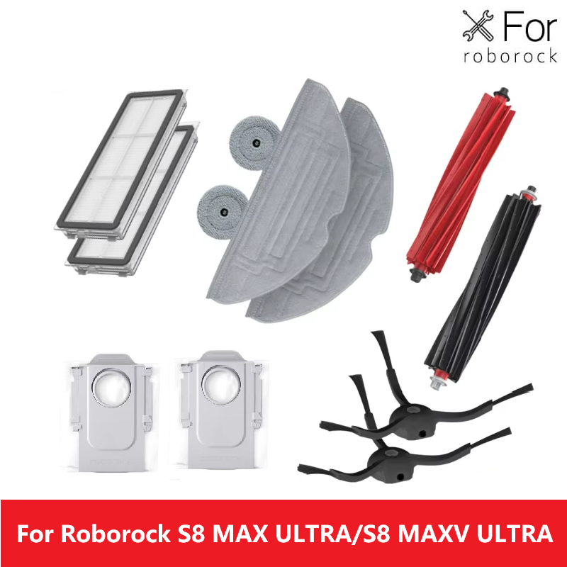 Replacement accessory kit for Roborock S8 Max Ultra and S8 MaxV Ultra with roller brushes, side brushes, filters, mop pads and dust bags