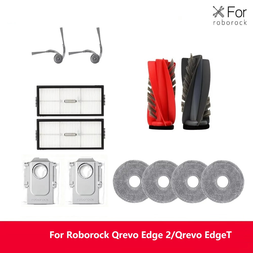 Replacement accessory kit for Roborock Qrevo Edge 2 and Qrevo EdgeT with main brushes, side brushes, filters, mop pads and dust bags