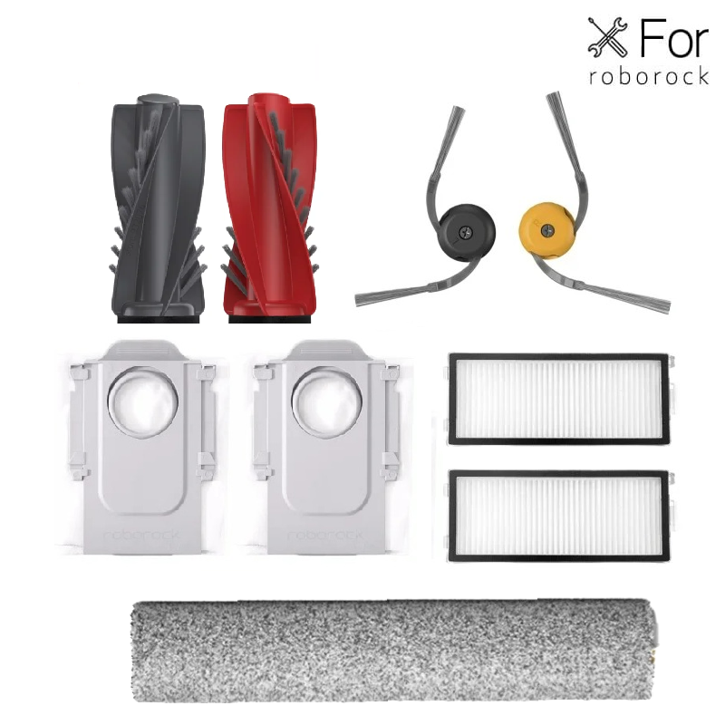 9-piece replacement accessory set for Roborock Qrevo Curv 2 Flow with main brushes, side brushes, dust bags, filters and roller